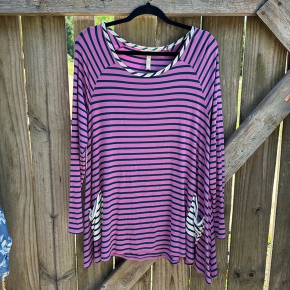 Matilda Jane Stretch Jersey Knit Striped Purple and Navy Long Sleeve Tunic Top - Picture 3 of 6